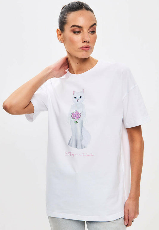 White Printed T-shirt BRIDE CAT Maniita Lacitta.