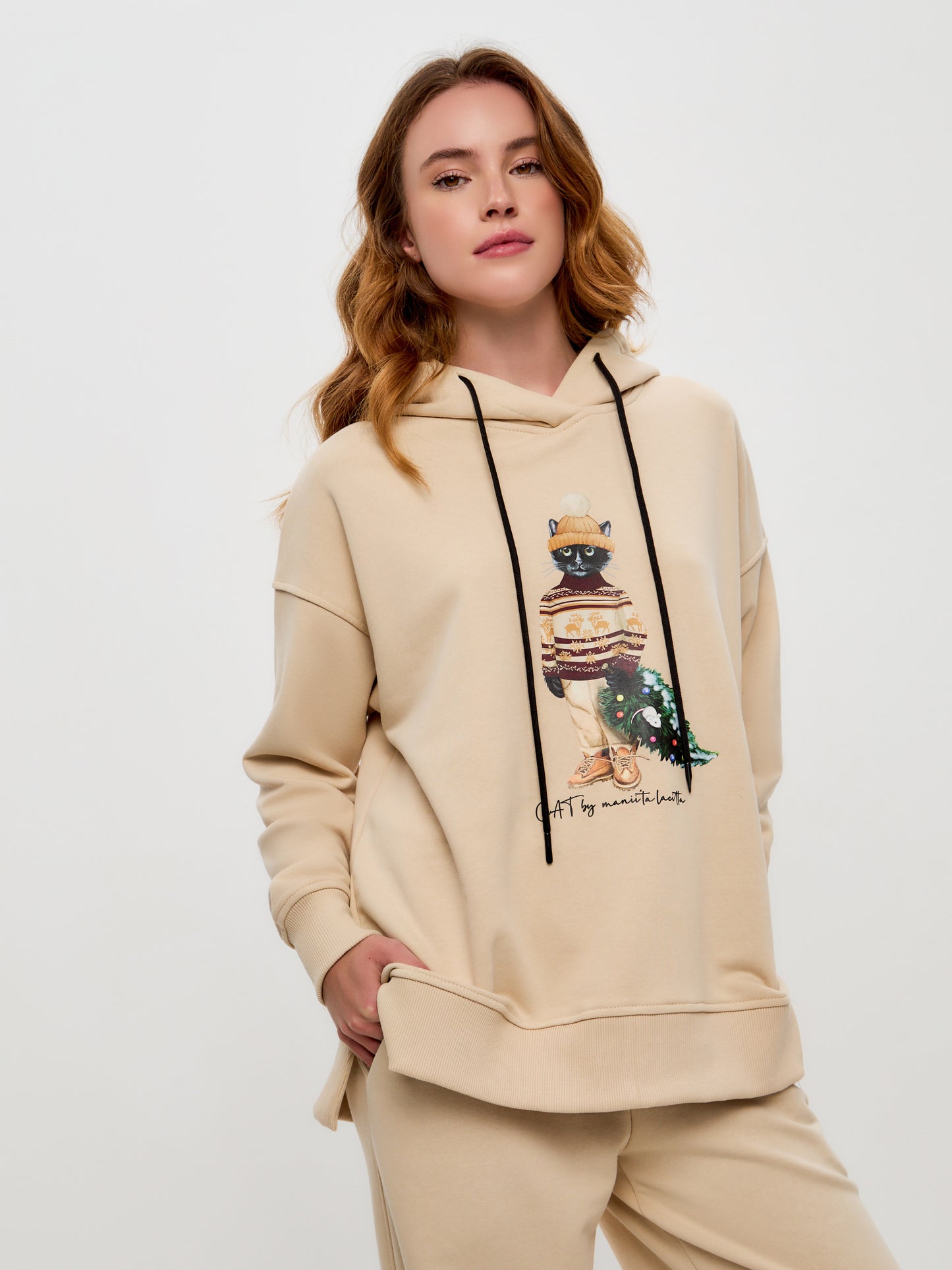 Christmas set: beige sports chic women's suit over-hoodie with Cat and culottes