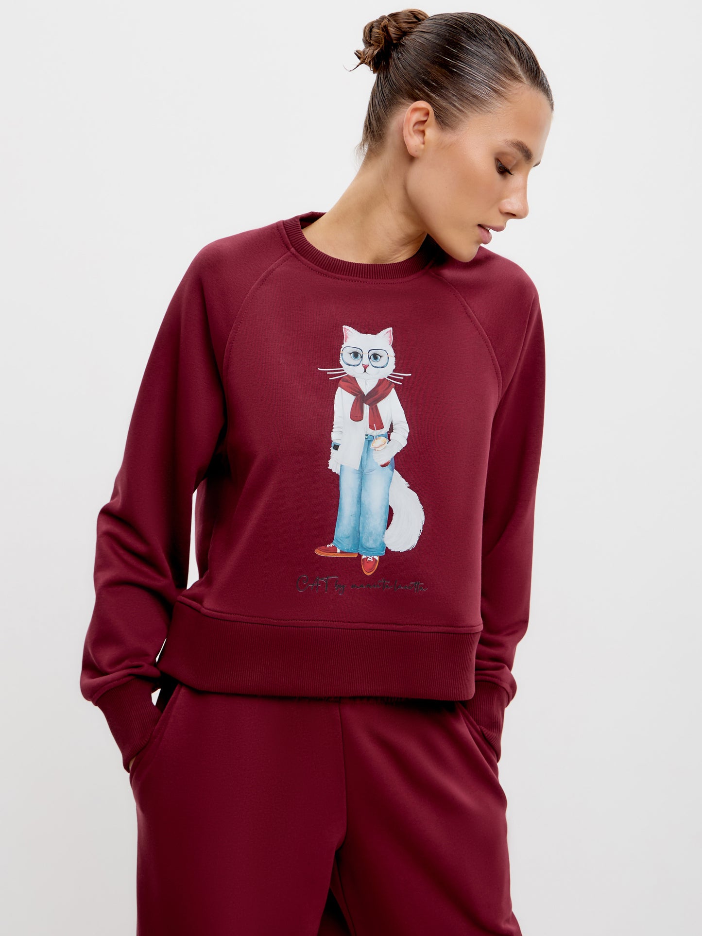 Burgundy Printed Sweatshirt COFFEE CAT