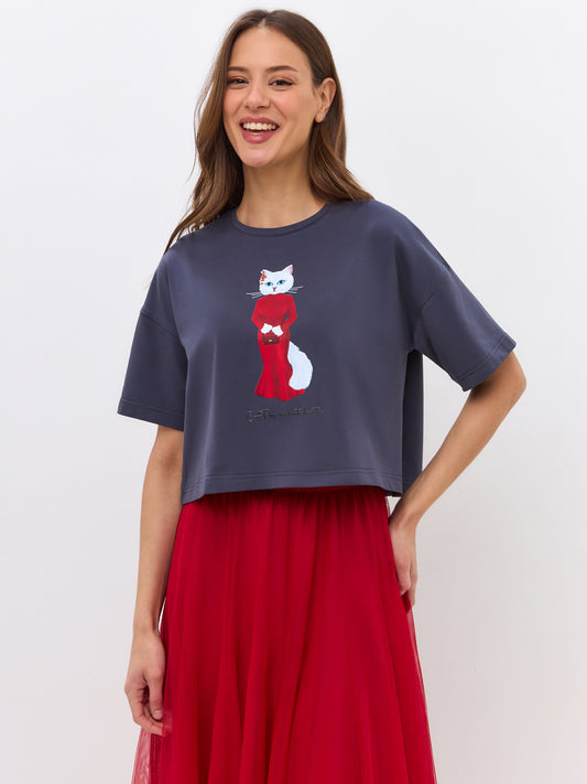 Camiseta estampada violeta DENIM CAT