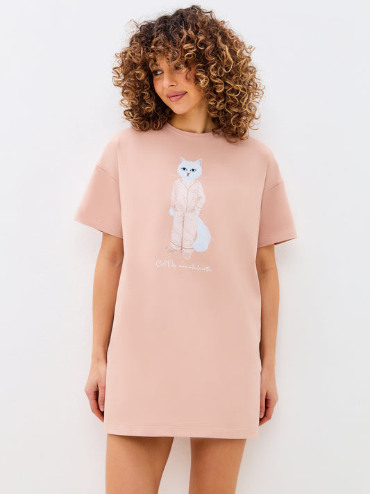 Beige Printed oversized T-shirt PAJAMAS CAT