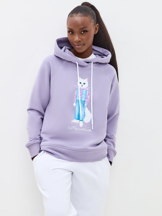 Purple Printed Hoodie WHITE COUNTRY CAT