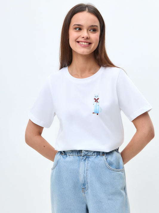 White Printed T-shirt COFFEE CAT