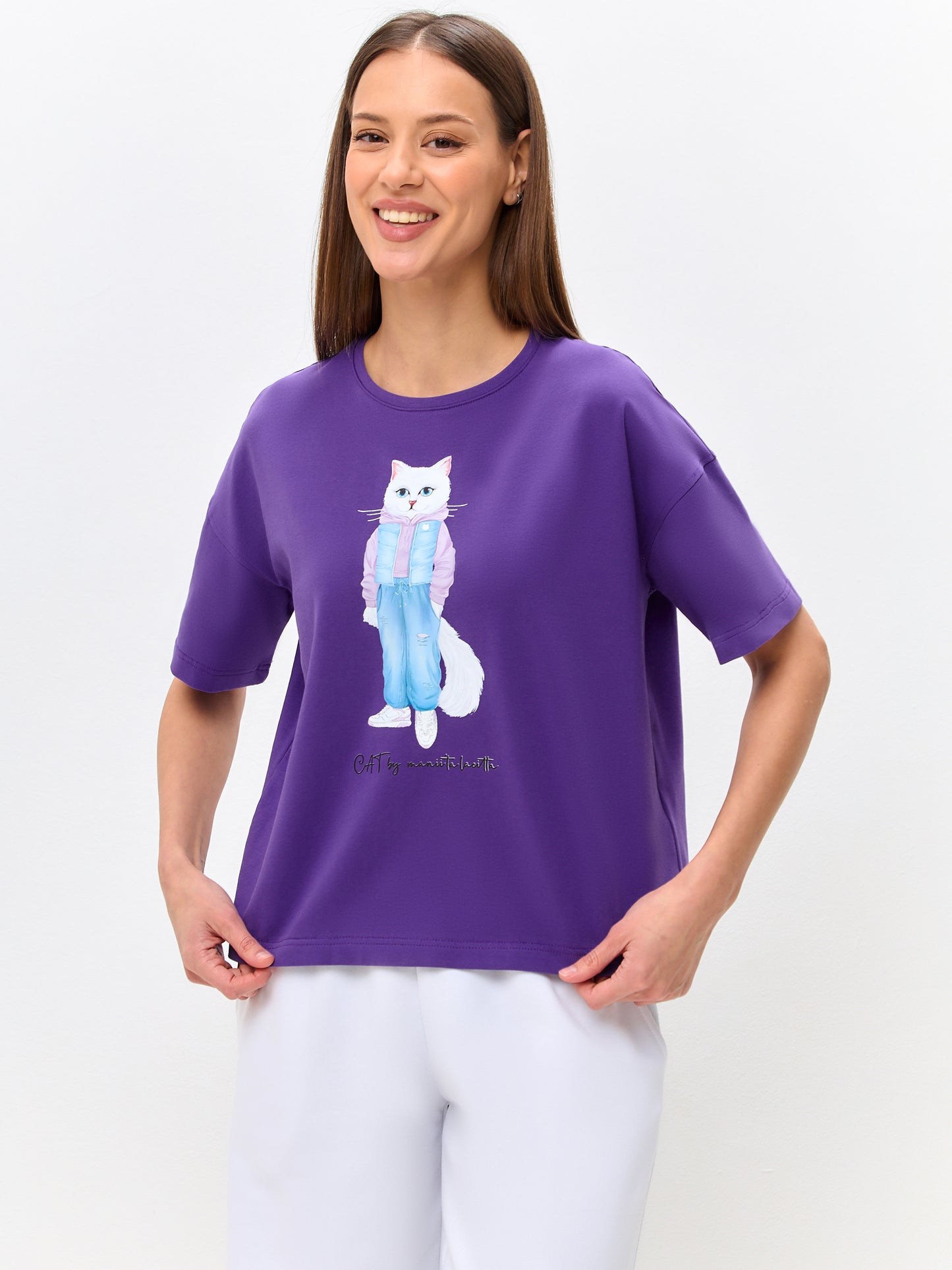 Purple Printed T-shirt WALKING CAT