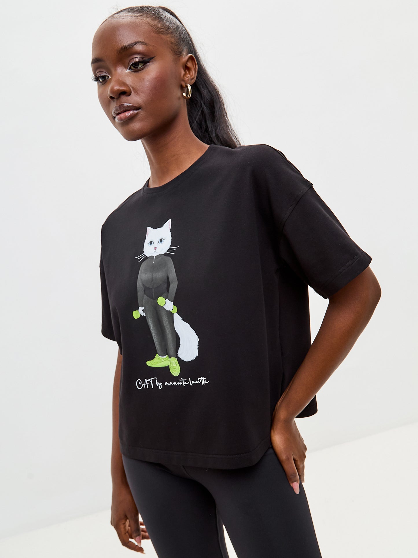 Black Printed short oversized T-shirt SPORT CAT - XS / Black / Oversized - T-shirt