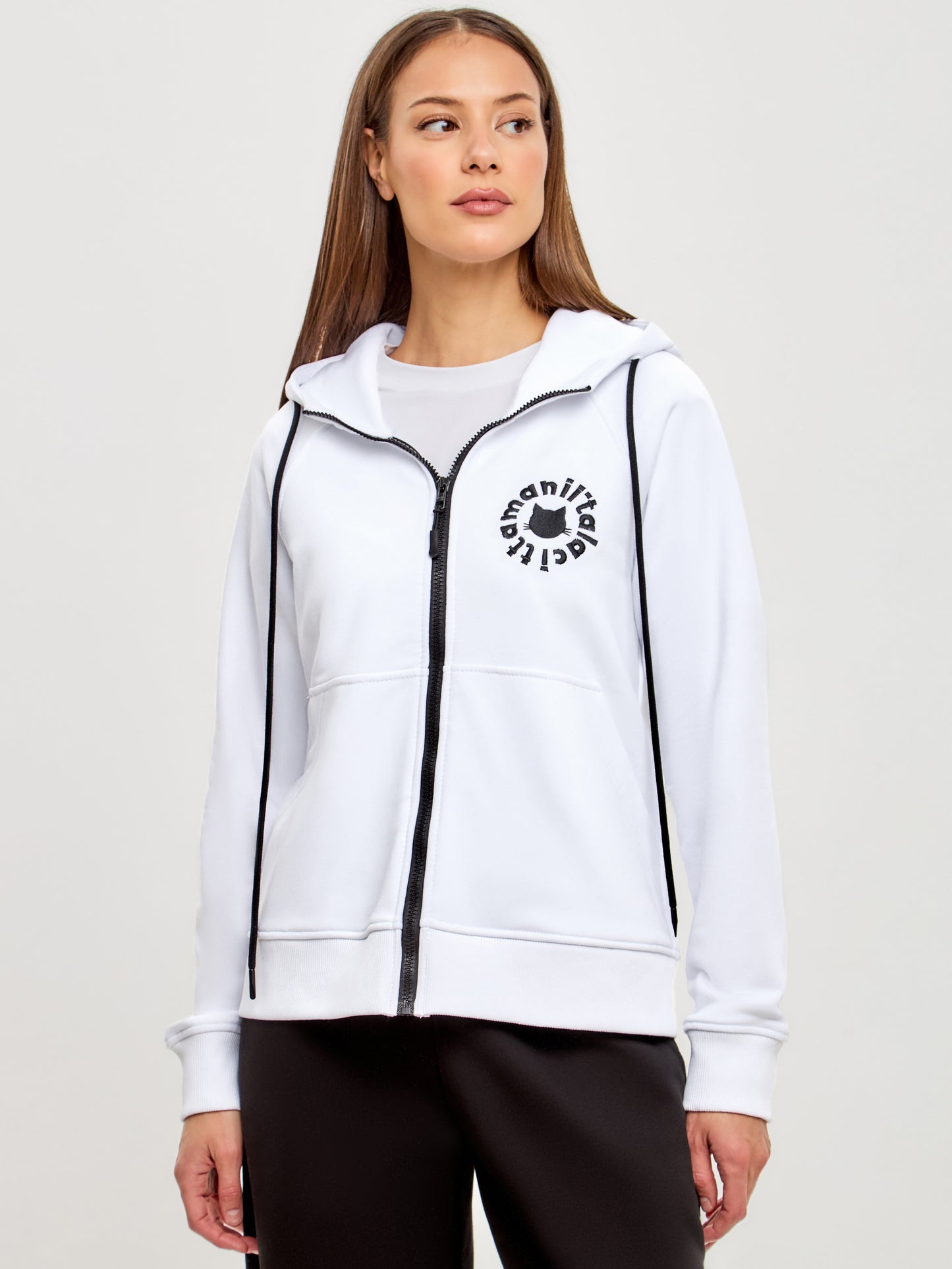 Logo Cat set: white zip hoodie and black sweatpants