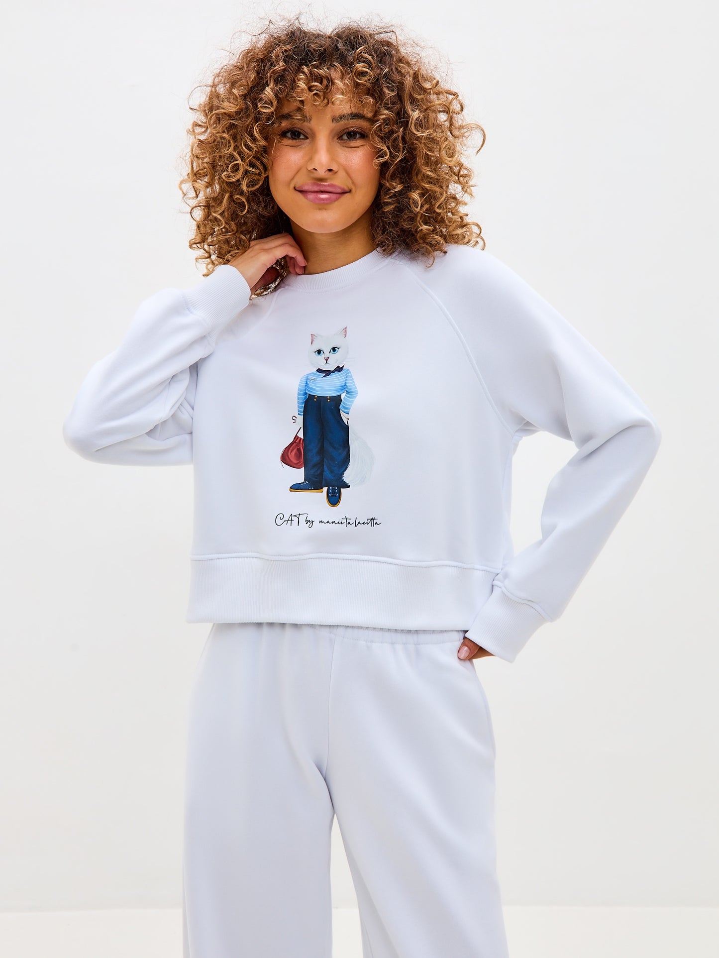 Set: White Printed Sweatshirt MARINER CAT and White Sweatpants