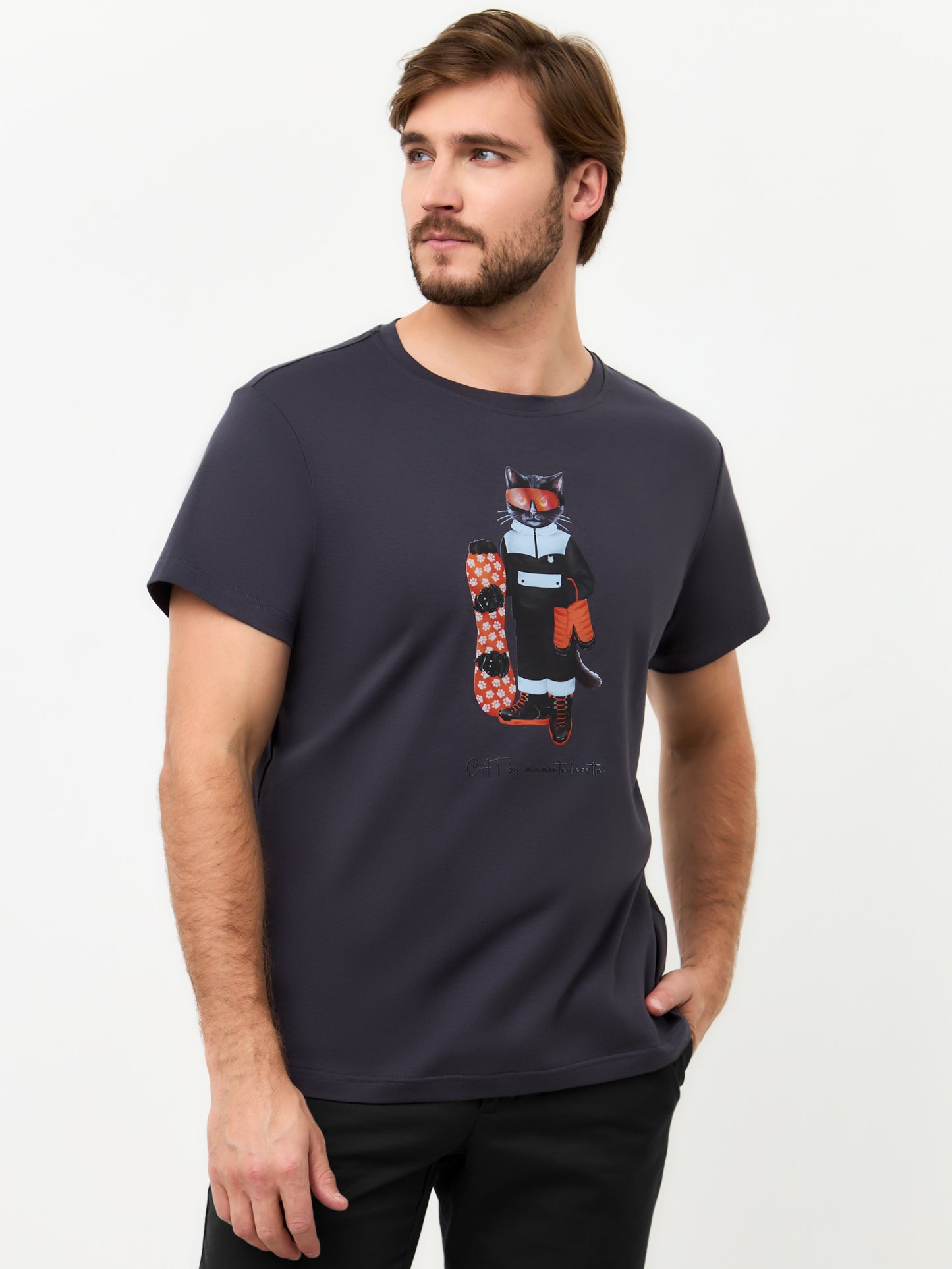 Grey Printed T-shirt SNOWBOARD CAT - S / Grey / Regular - T-shirt