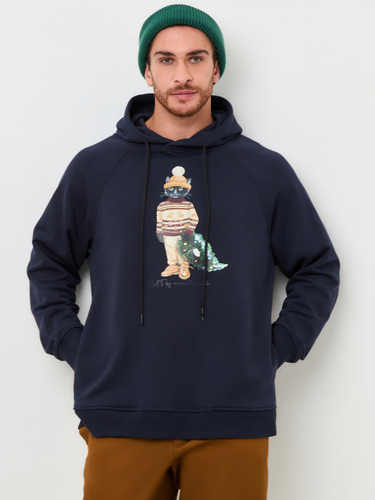 Blue Printed Hoodie CHRISTMAS CAT - S / Blue / Regular - Hoodie & sweatshirt