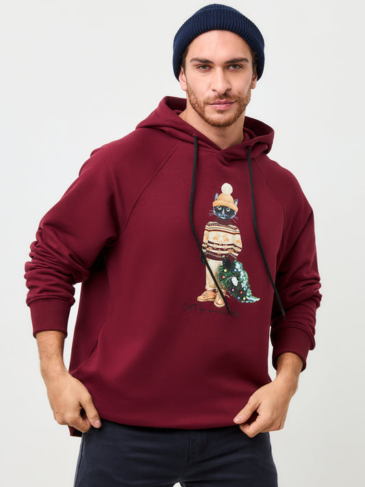 Red Printed Hoodie CHRISTMAS CAT - S / Red / Regular - Hoodie & sweatshirt