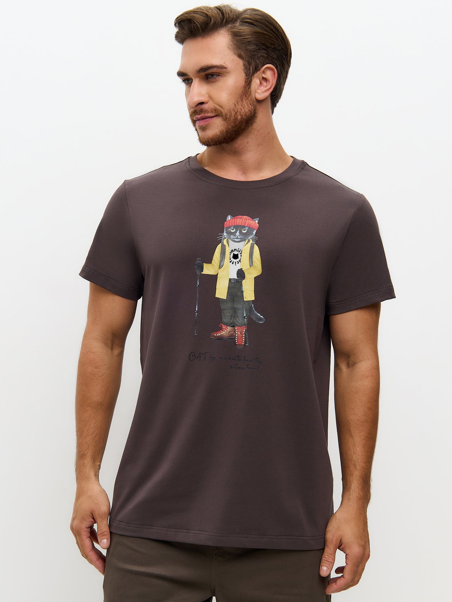 Brown Printed T-shirt TRAVEL CAT