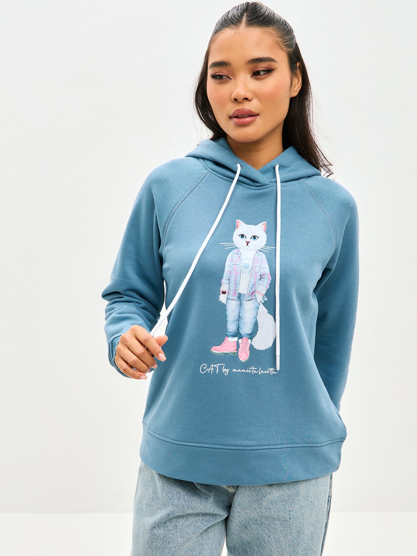 Blue Printed Hoodie WHITE COUNTRY CAT