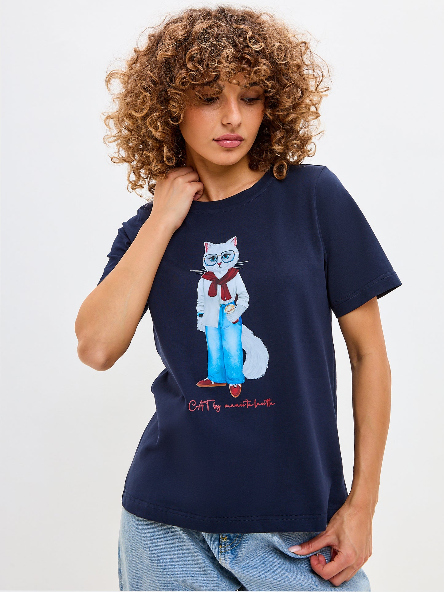 Blue Printed T-shirt COFFEE CAT - T-shirt