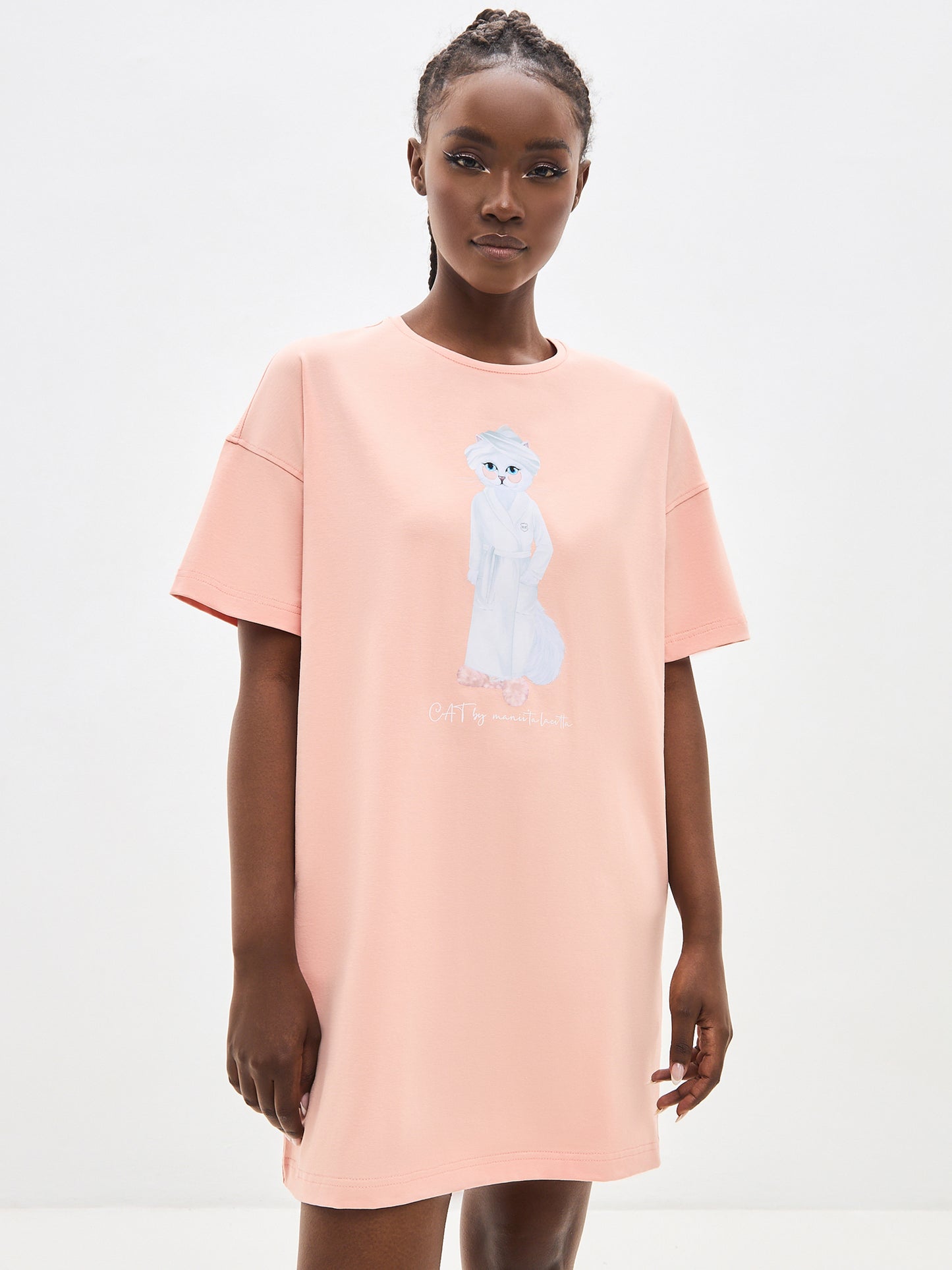 Beige Printed oversized T-shirt SPA CAT - XS / Beige / Oversized - Loungewear