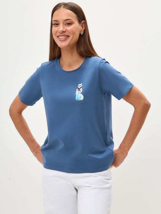 Blue Printed T-shirt COFFEE CAT