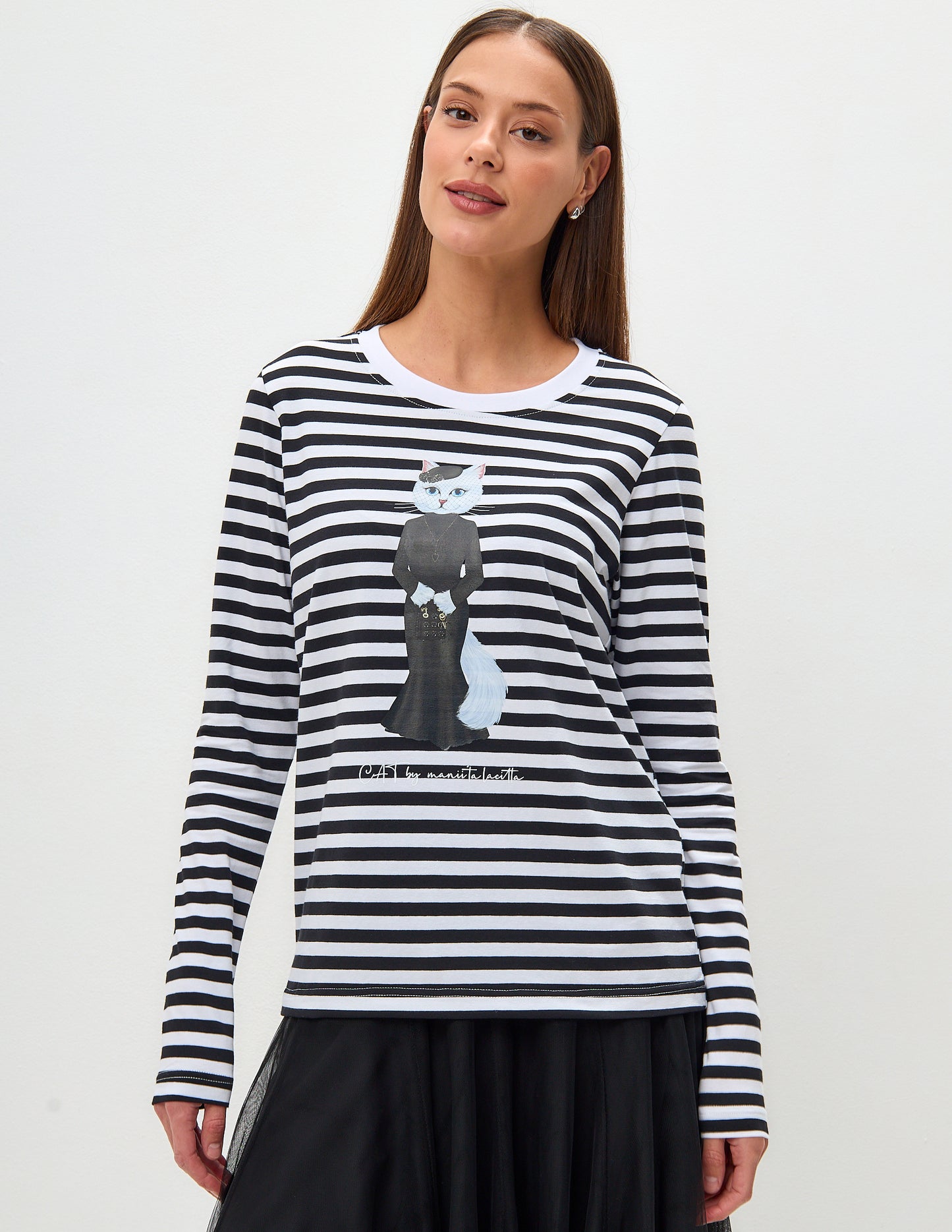 Set: women's long sleeve striped with white cat and black mesh skirt