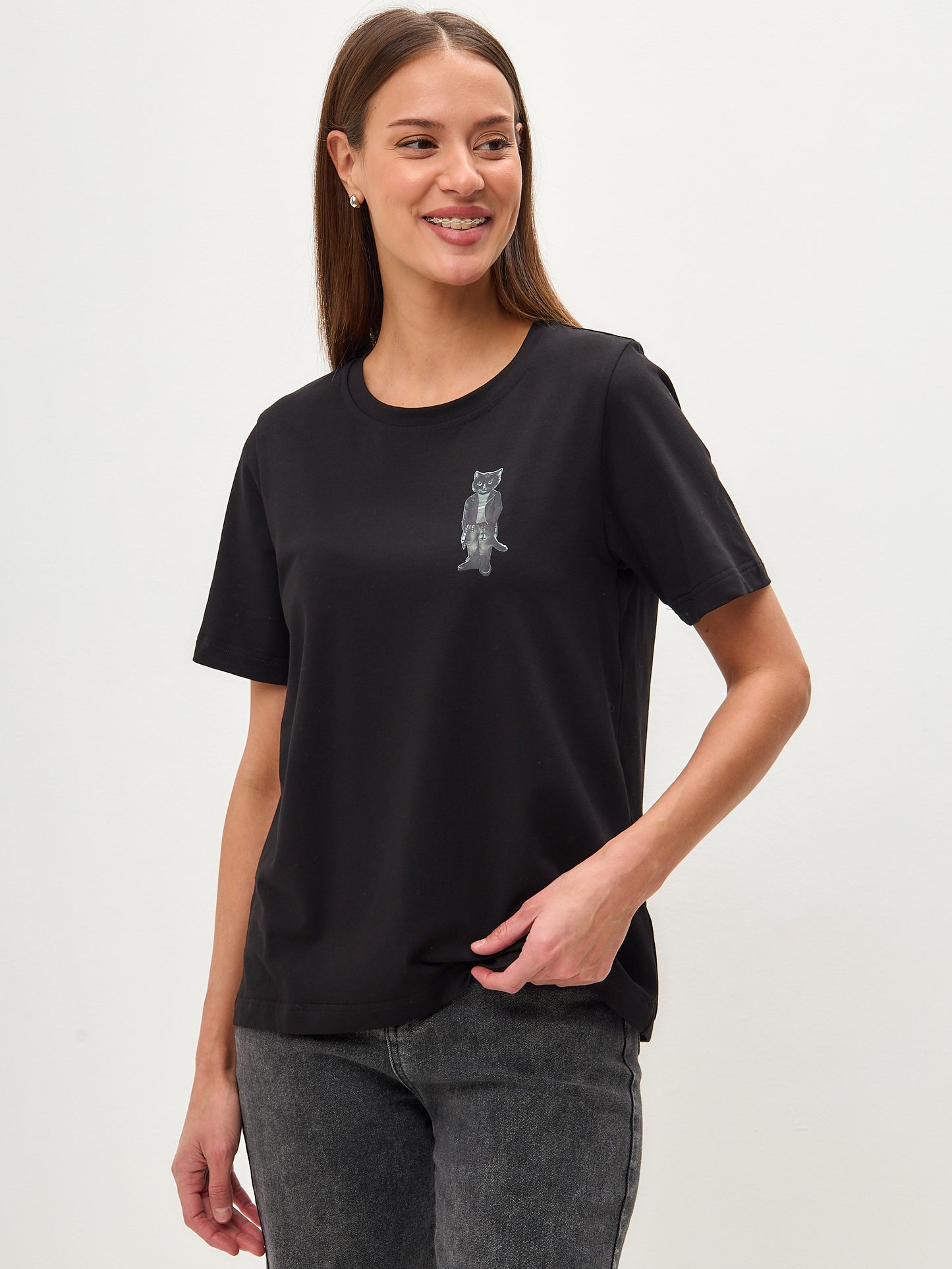 Black Printed T-shirt ROCKER CAT