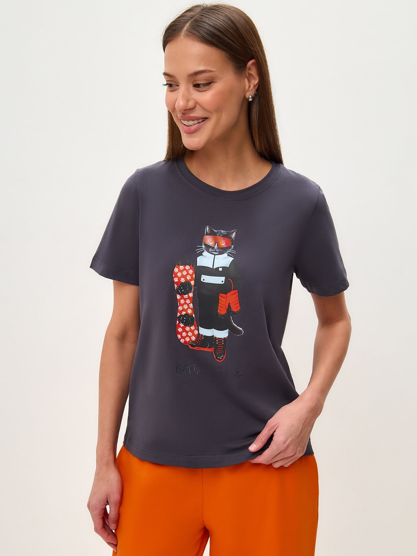 Grey Printed T-shirt SNOWBOARD CAT - T-shirt