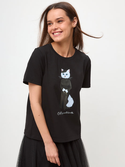 Black Printed T-shirt CAT IN BLACK - XS / Black / Regular - T-shirt