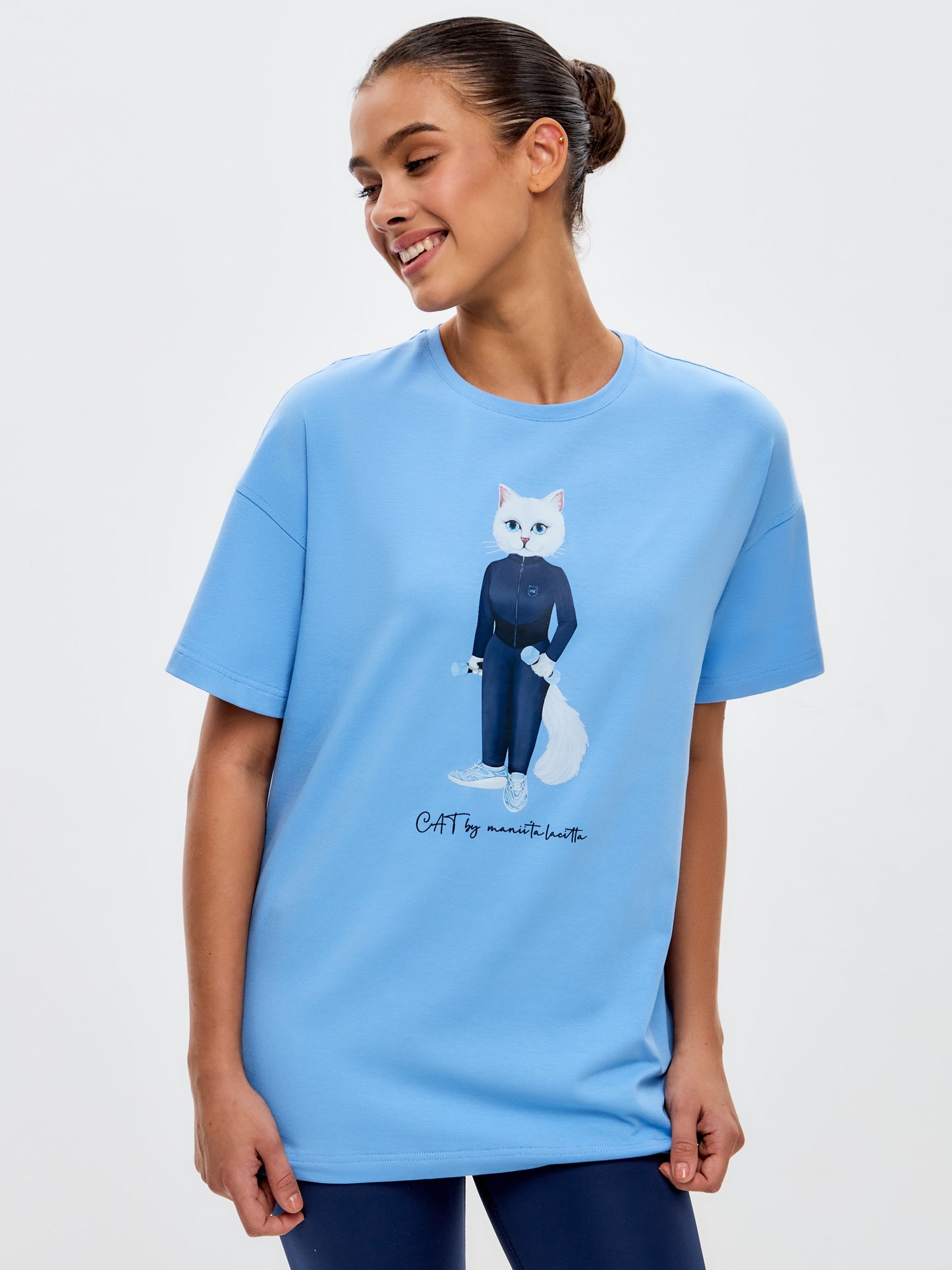 Blue Printed T-shirt SPORT WHITE CAT - XS / Blue / Oversized - T-shirt