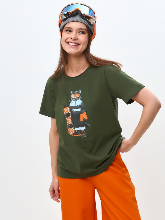 Khaki Printed T-shirt SNOWBOARD CAT