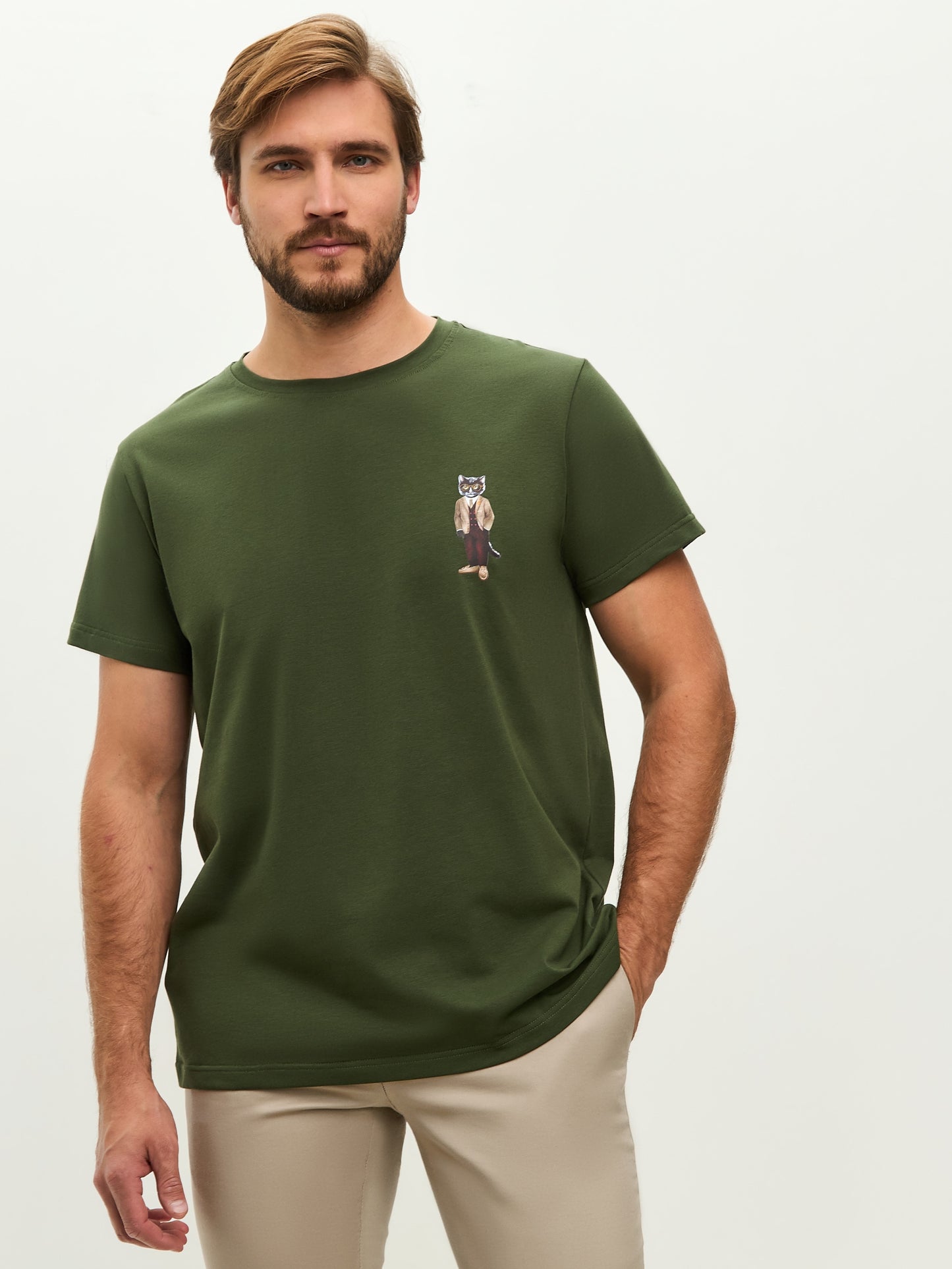 Khaki Printed T-shirt PROFESSOR CAT - S / Green / Regular - T-shirt