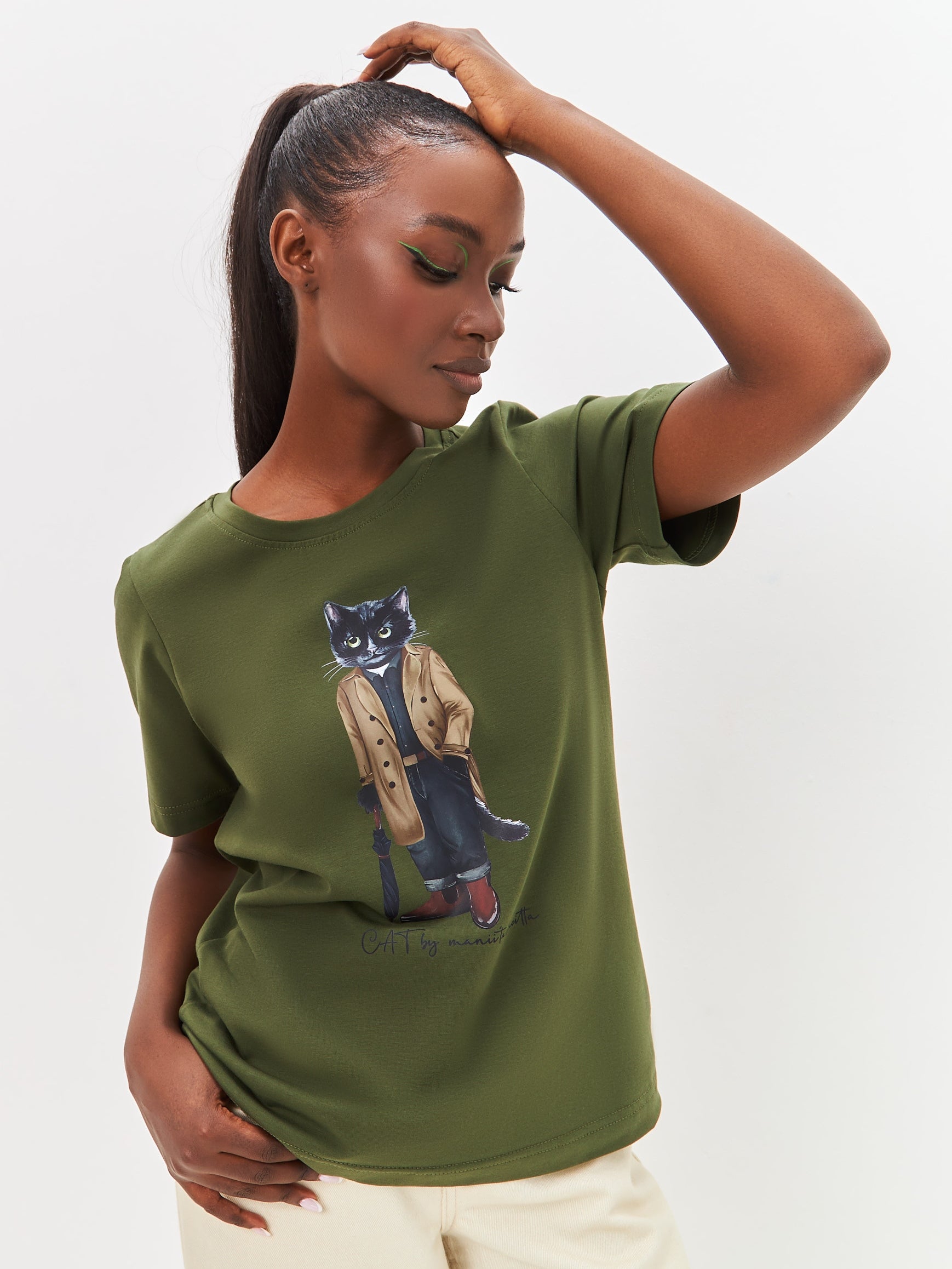 Khaki Printed T-shirt TRENCH COAT CAT - T-shirt