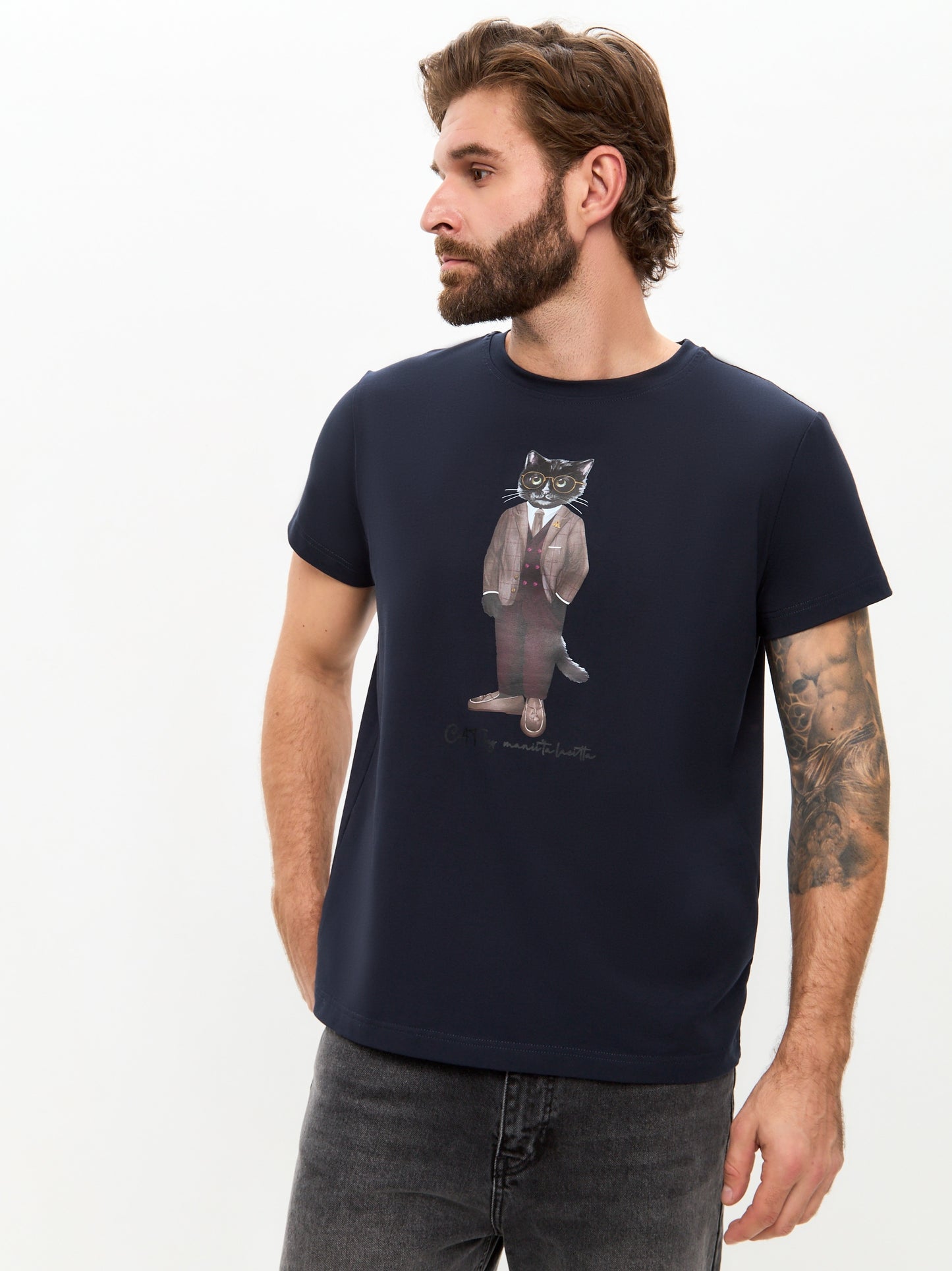 Blue Printed T-shirt PROFESSOR CAT - S / Blue / Regular - T-shirt