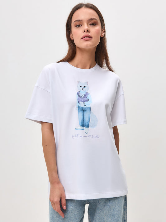 White Printed T-shirt MOTHER CAT - XS / White / Oversized - T-shirt