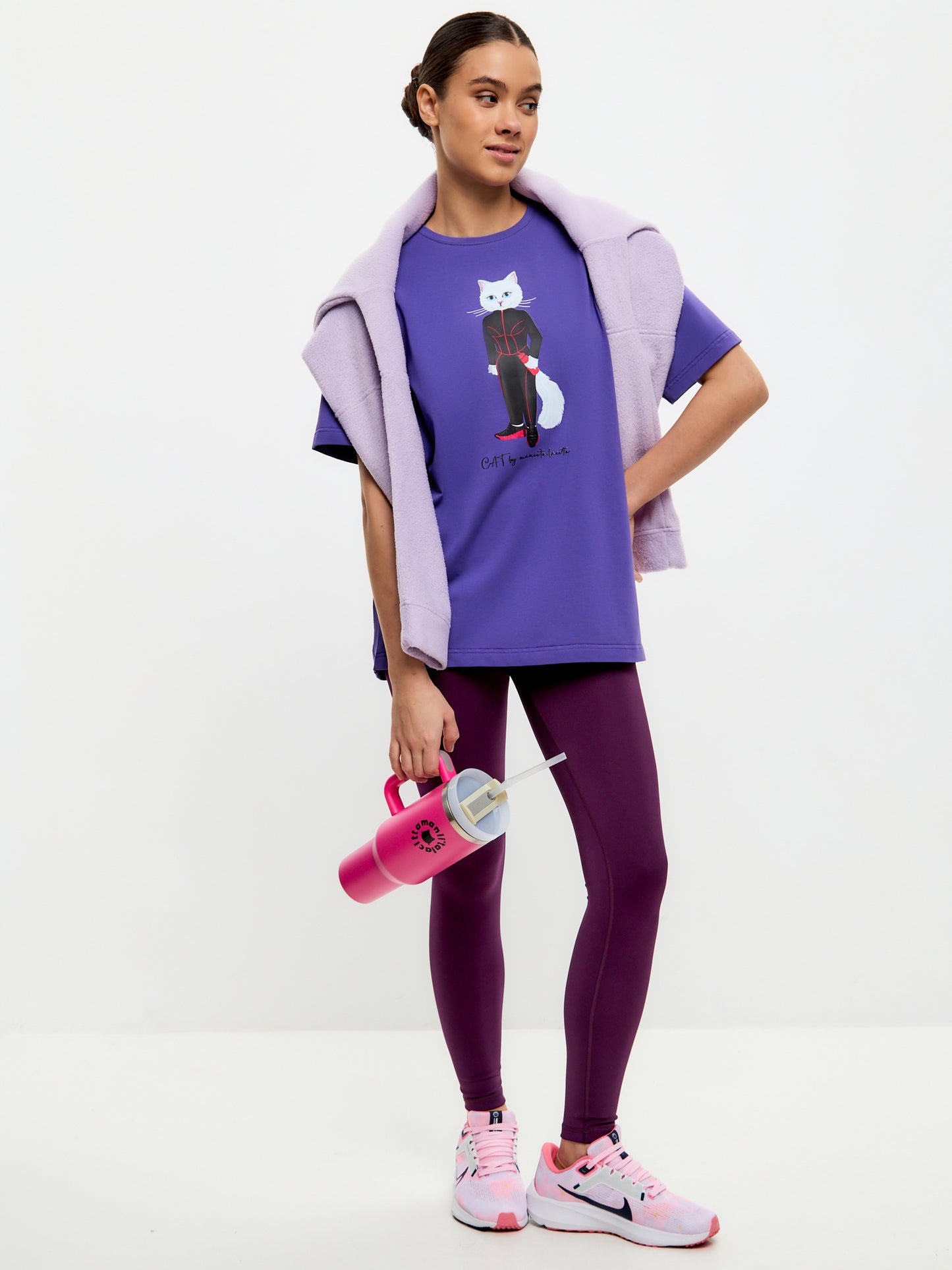 SPORT set: Purple women's leggins and t-shirt with Cat print