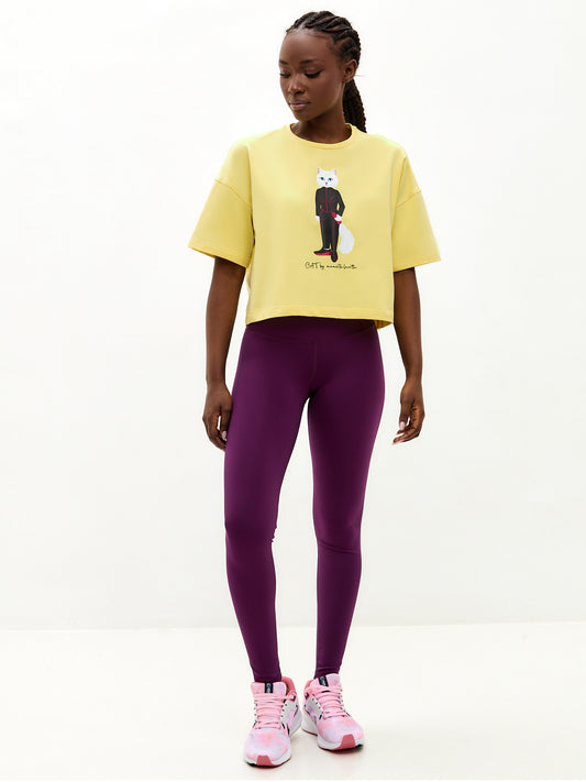 SPORT set: purple leggins and yellow printed oversized T-shirt with Cat print