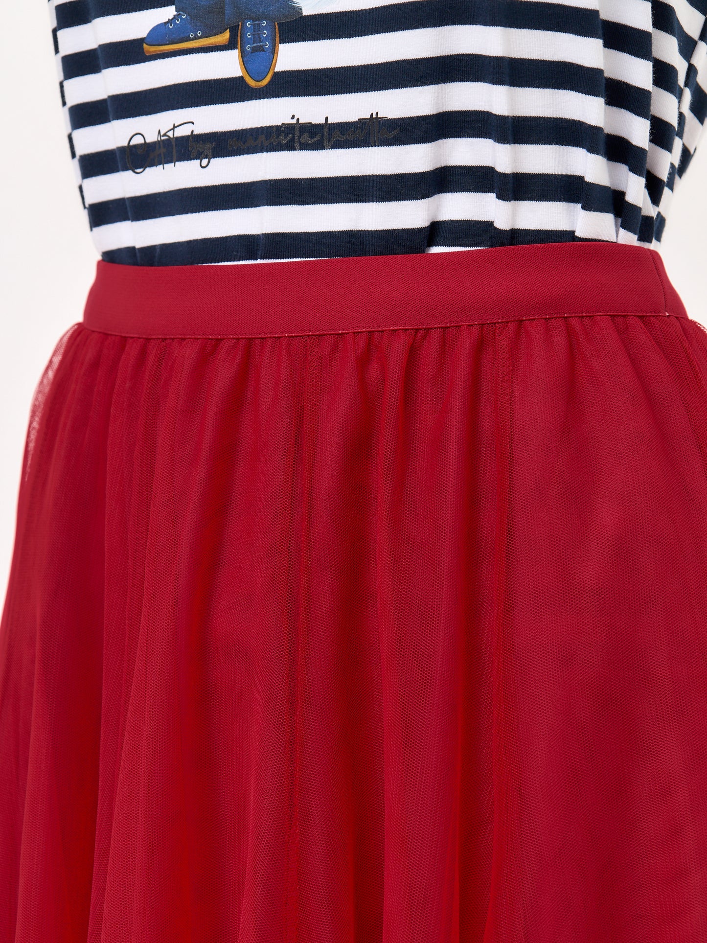 Paris set: women's long sleeve navy striped white Сat and red mesh maxi skirt