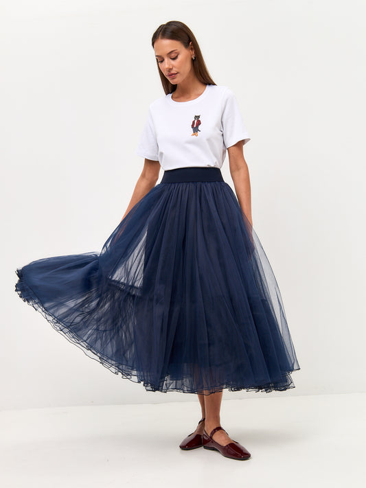 Set: women's white T-shirt with a mini black cat and a dark blue mesh maxi skirt