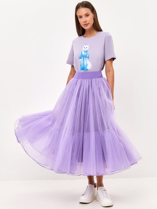 Set: women's purple T-shirt with a white cat and purple mesh maxi skirt