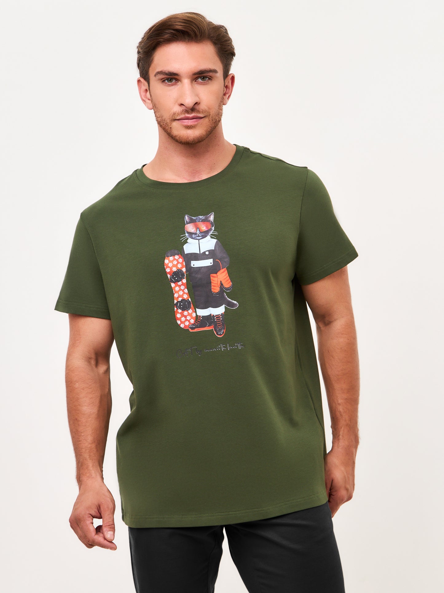 Khaki Printed T-shirt SNOWBOARD CAT