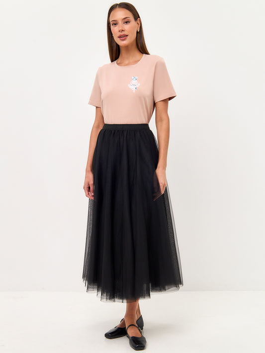 Set: women's soft pink T-shirt with a Ballerina Kitten and a black mesh maxi skirt