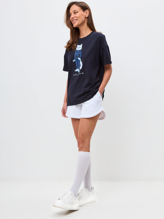 Set: women's dark blue oversized T-shirt with a white sports Cat and white shorts