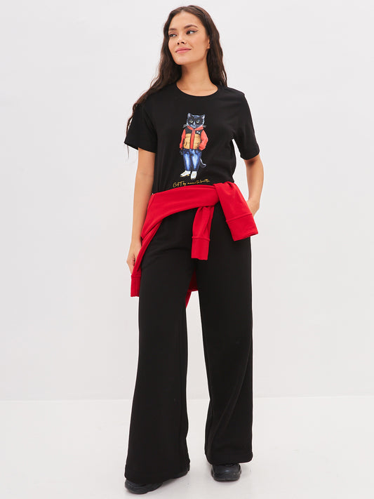 Set: women's black t-shirt and wide-leg sweatpants with print Sport Casual Cat