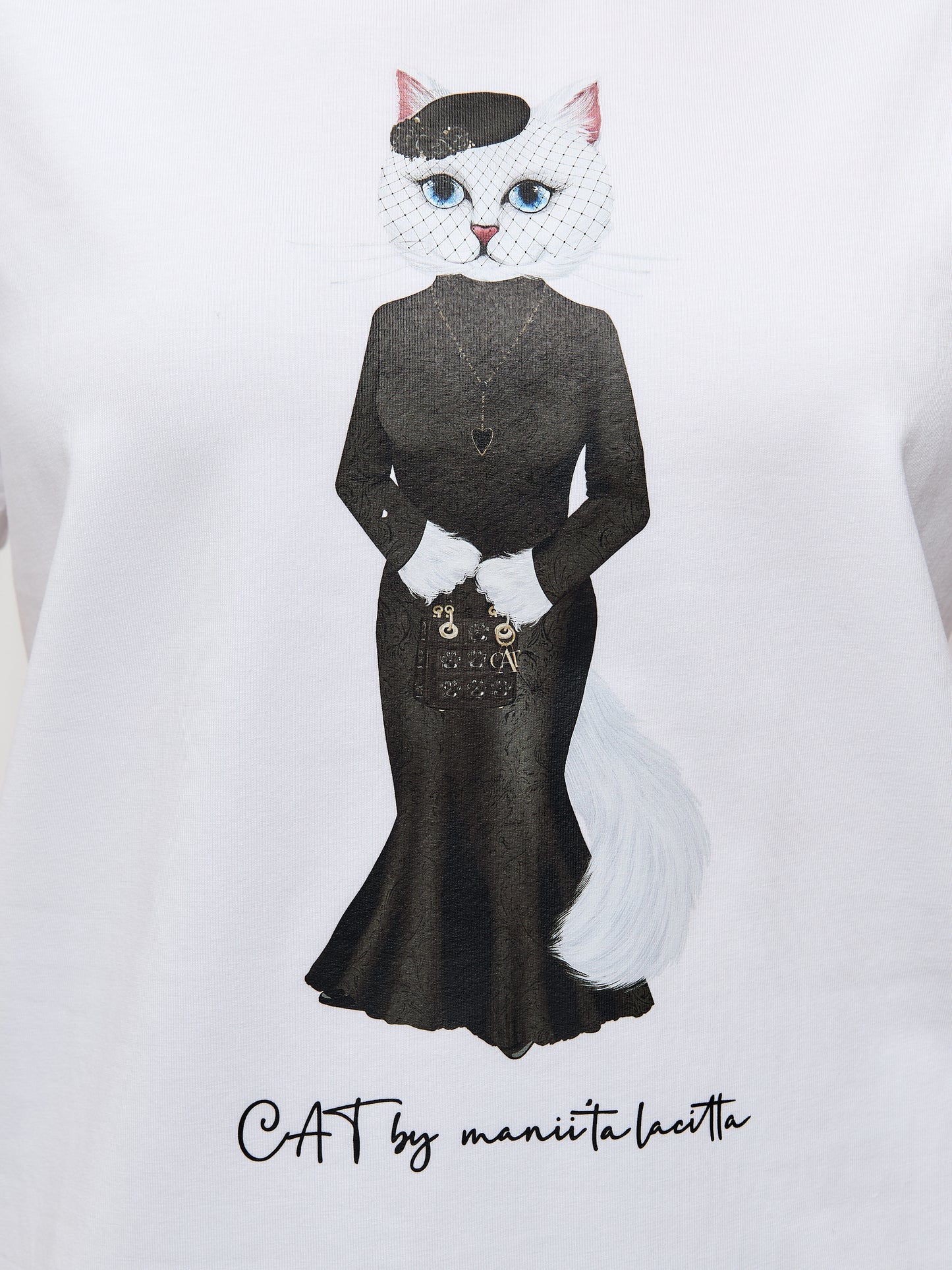 Set: women's white T-shirt with a white cat and black mesh skirt