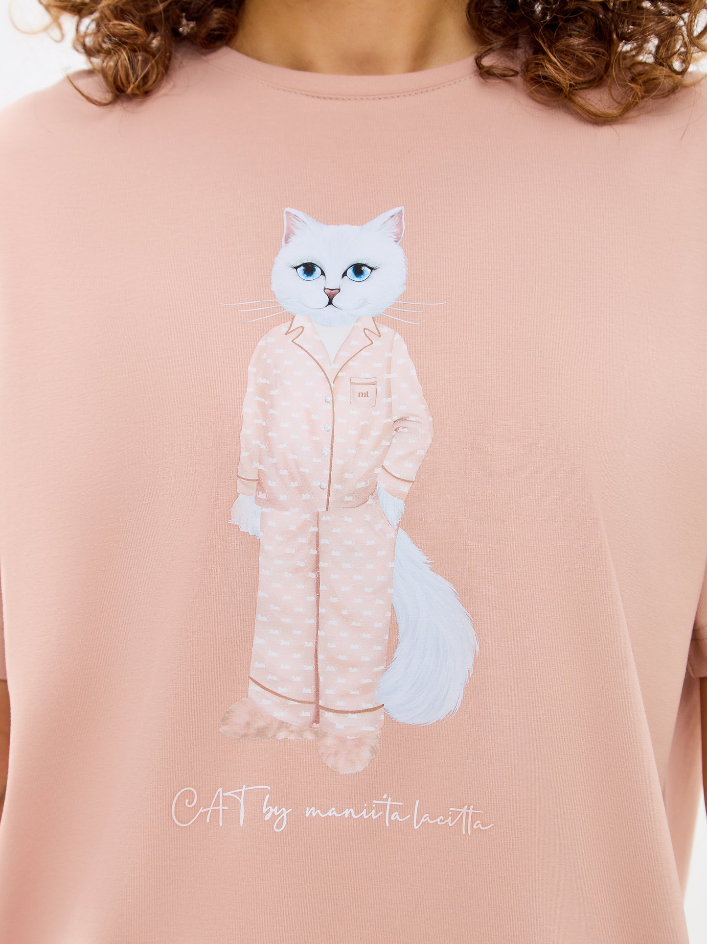 Beige Printed oversized T-shirt PAJAMAS CAT