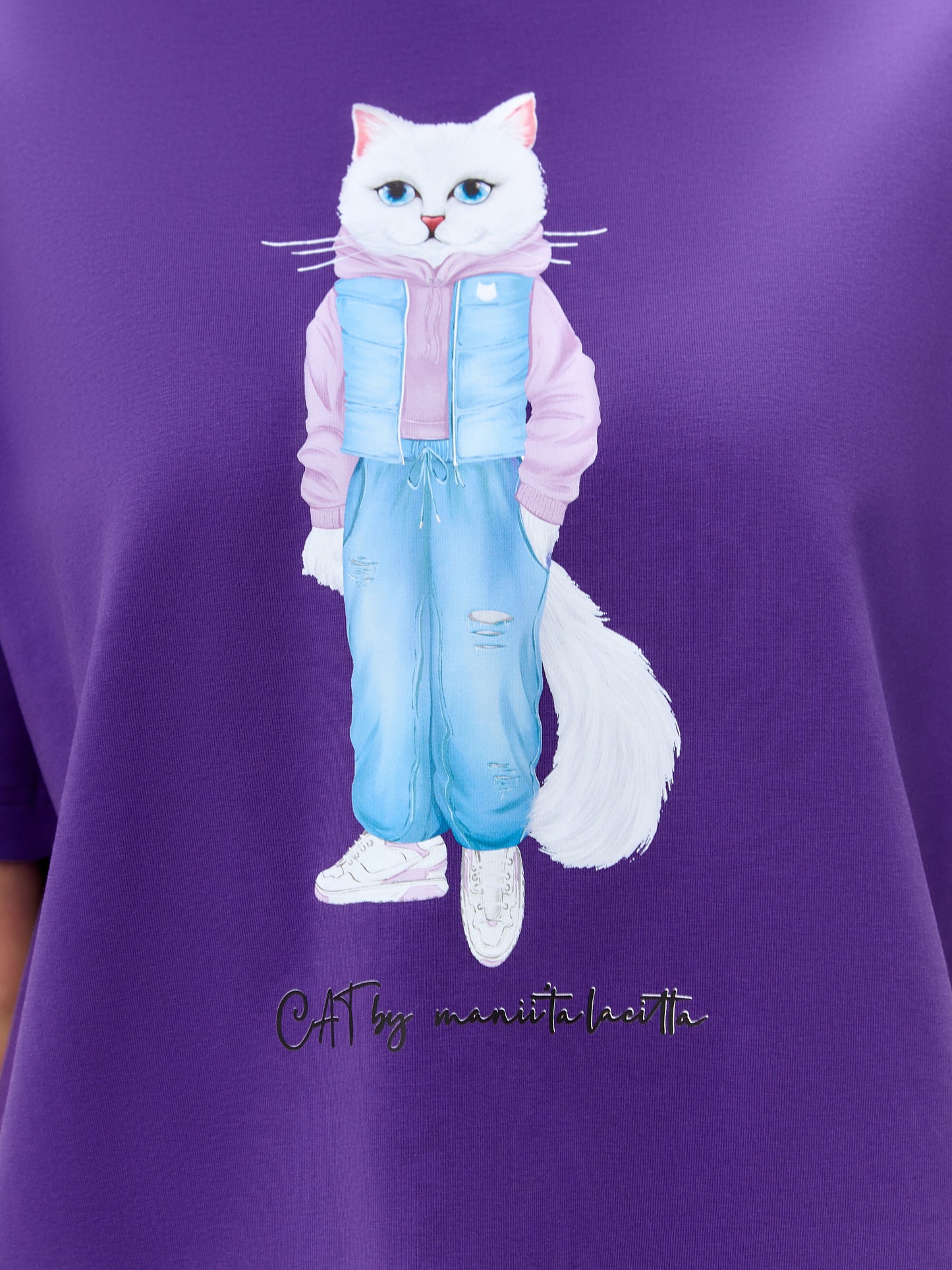 Lila bedrucktes T-Shirt WALKING CAT