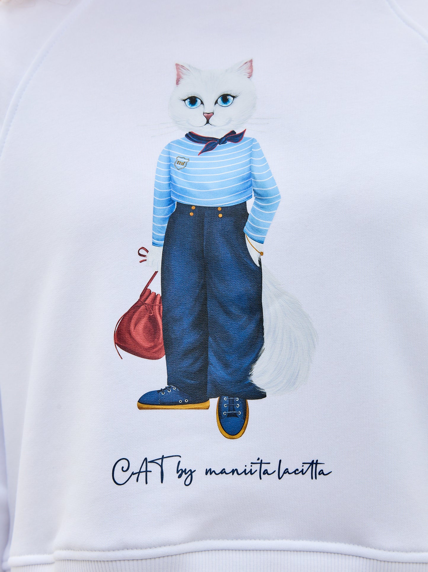 Set: White Printed Sweatshirt MARINER CAT and White Sweatpants