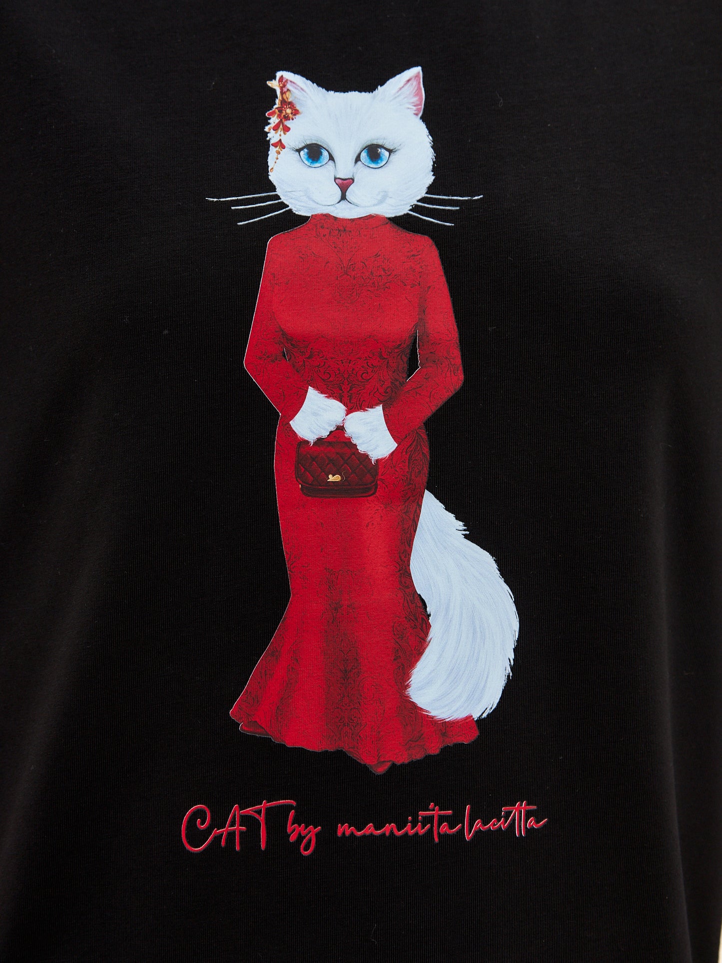 Set: women's T-shirt with a white cat and a red mesh skirt