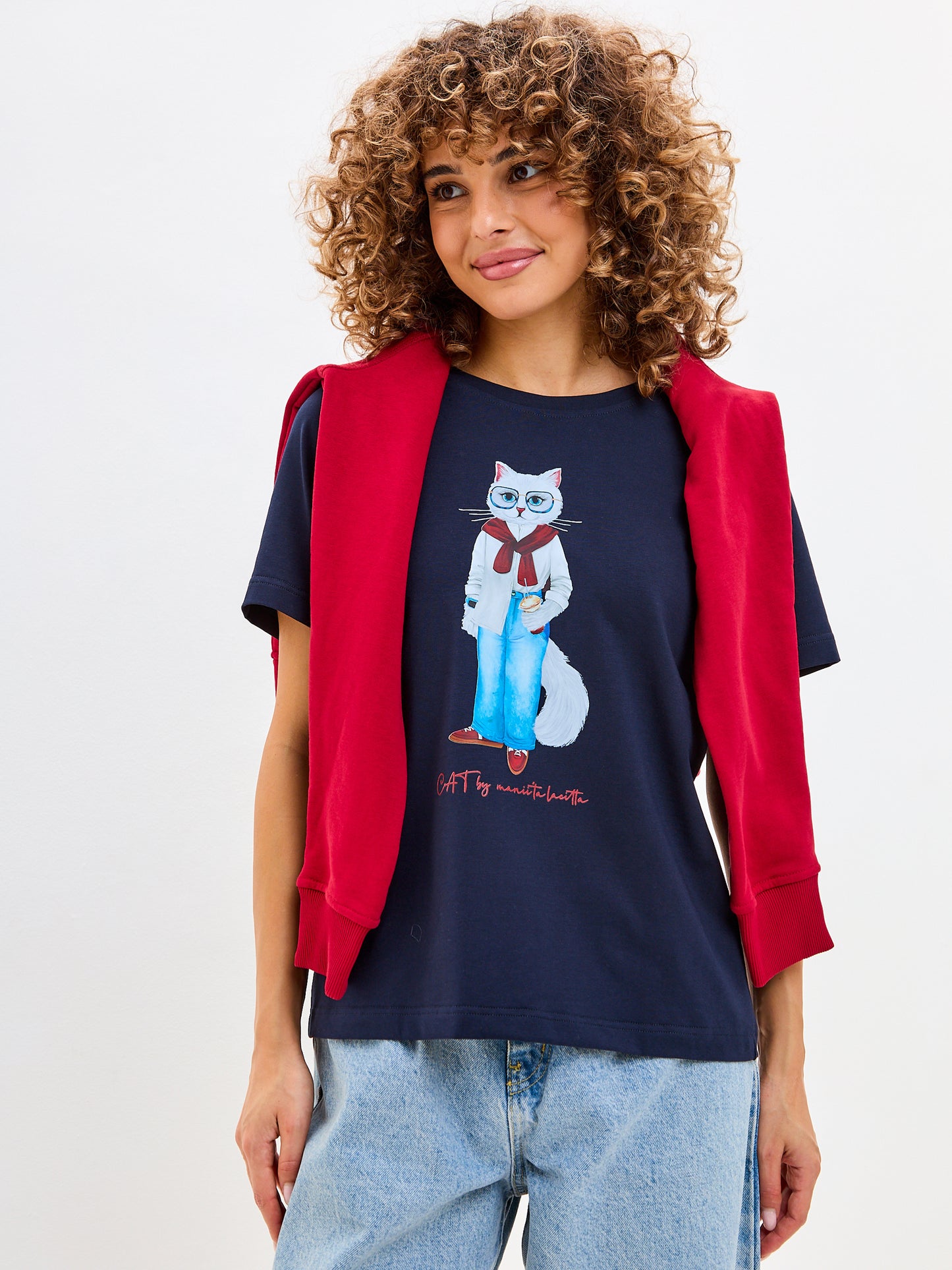 Blue Printed T-shirt COFFEE CAT - T-shirt