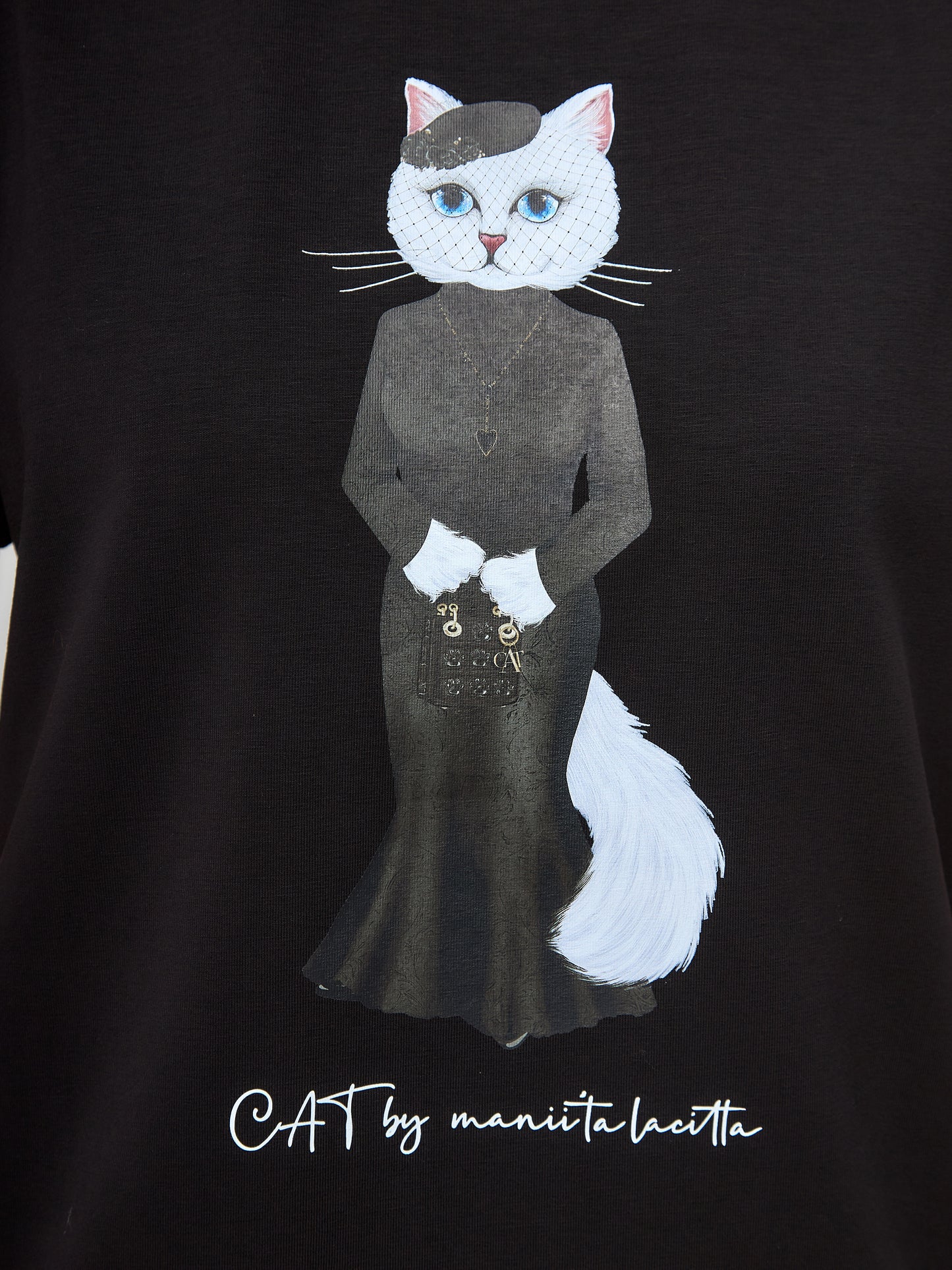 Elegance set: women's black T-shirt with a white cat and black mesh maxi skirt