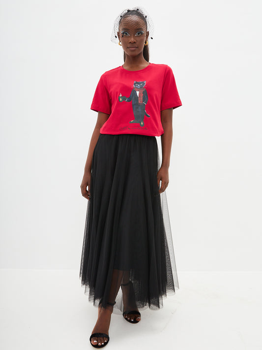 Christmas set: women's red T-shirt with a black Cat and a black mesh maxi skirt