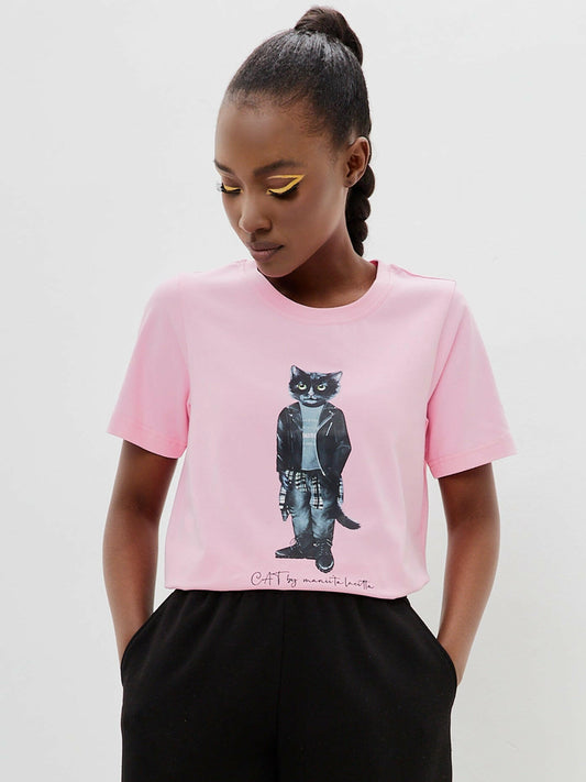 Pink Printed T-shirt ROCKER CAT - XS / Pink / Regular - T-shirt