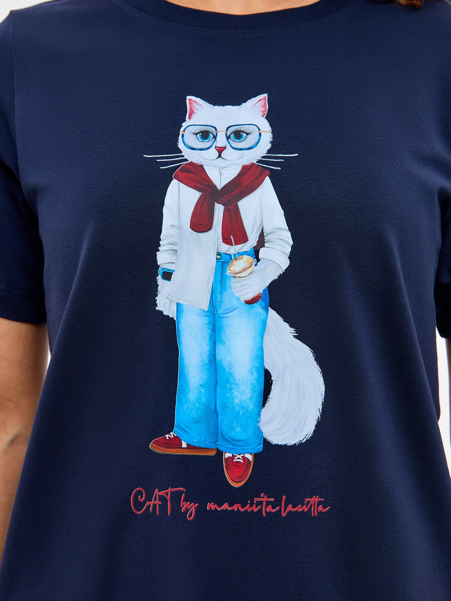 Blue Printed T-shirt COFFEE CAT - T-shirt