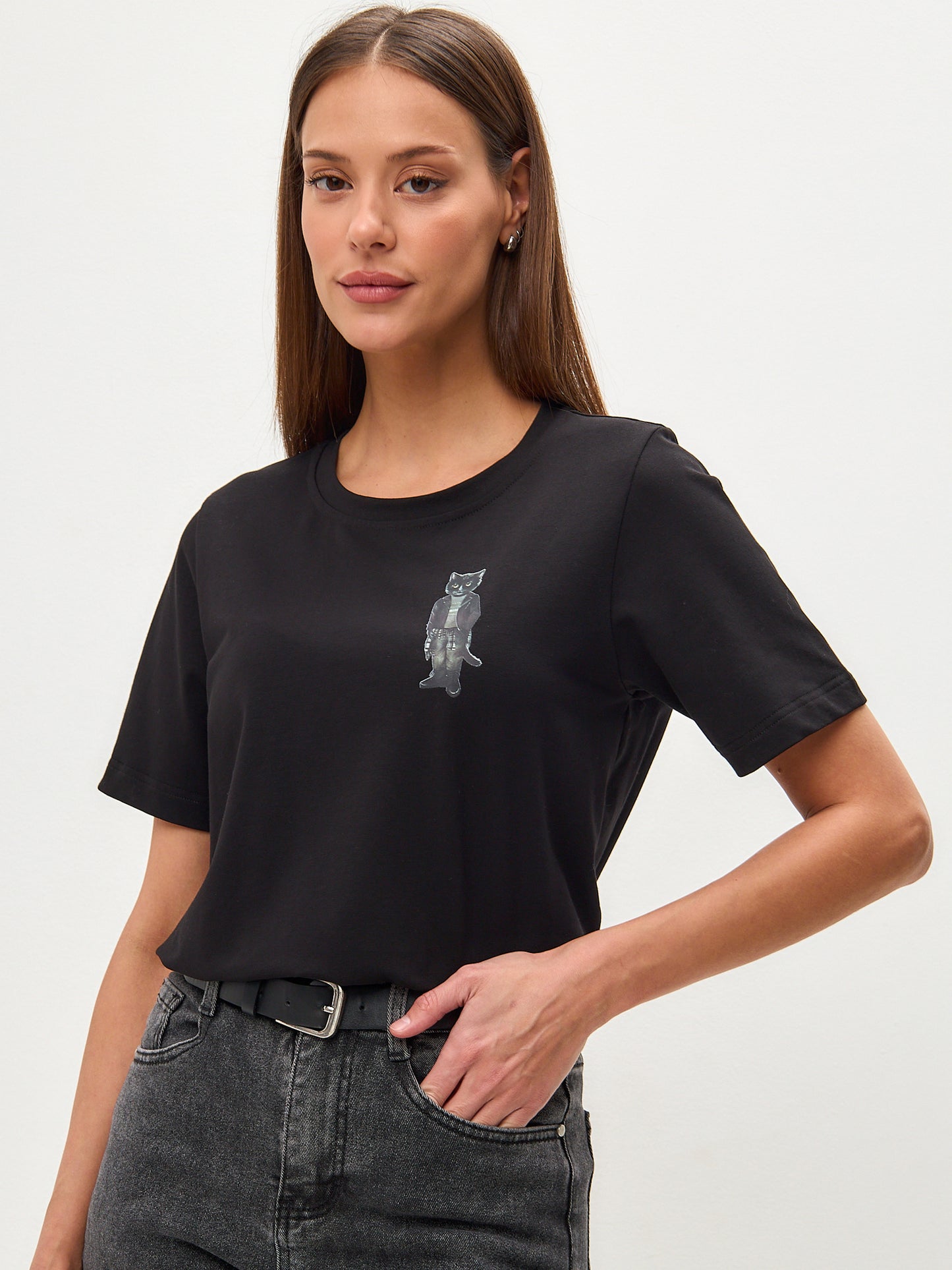 Black Printed T-shirt ROCKER CAT