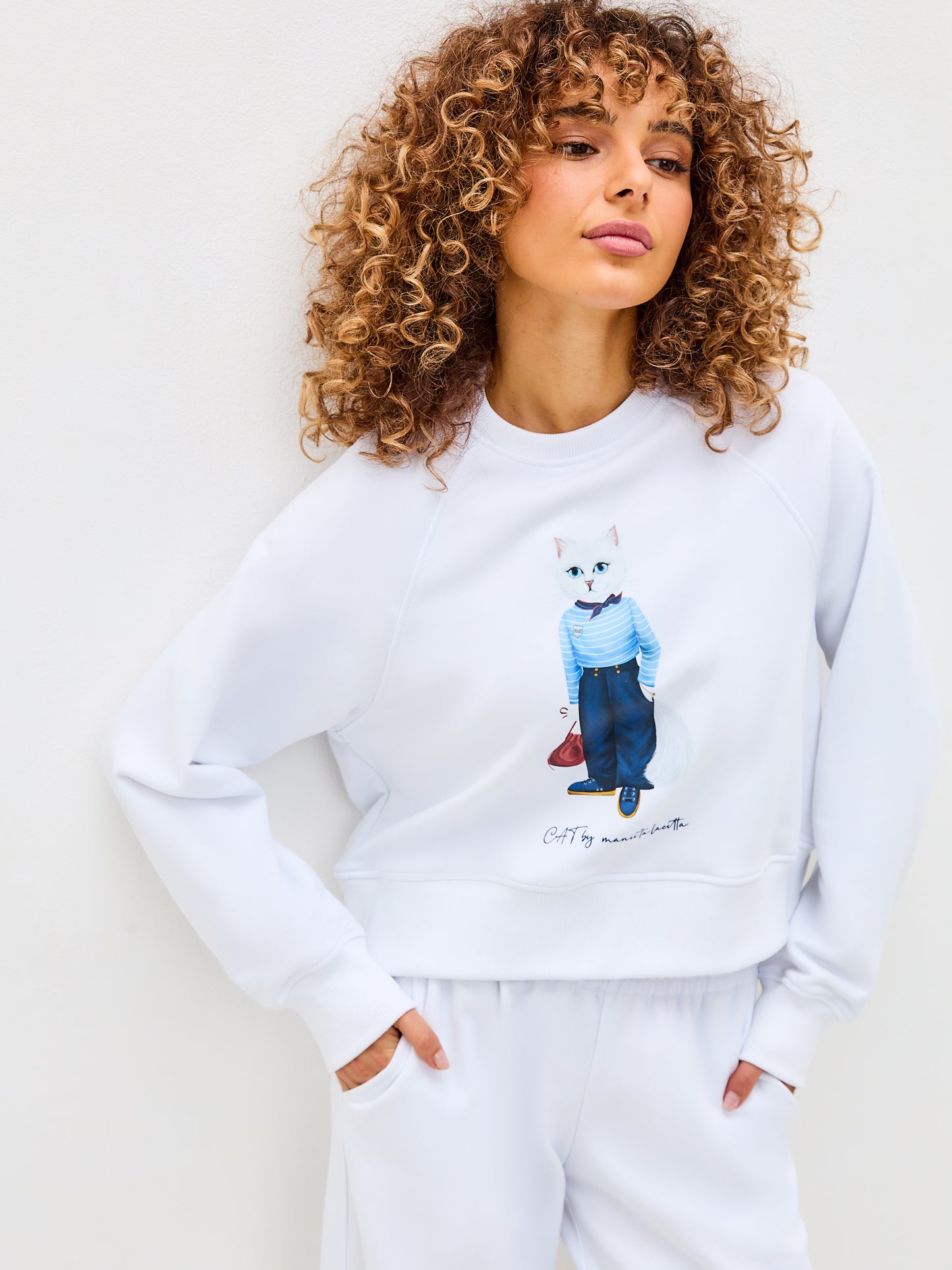 Set: White Printed Sweatshirt MARINER CAT and White Sweatpants